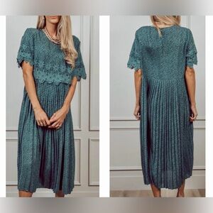 Shop Stevie—Tourqouis Pleated Lace Midi Dress—Size XL